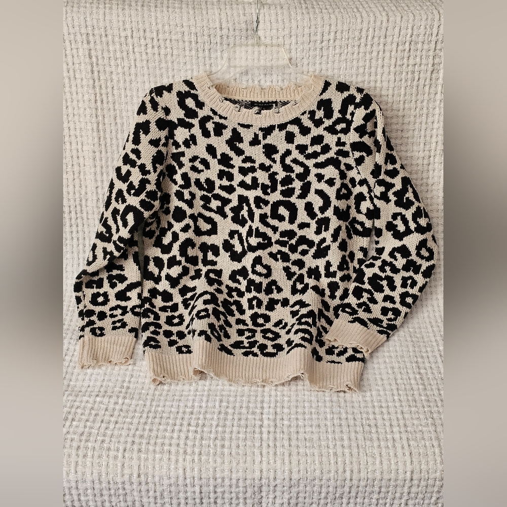 Women's Leopard Print Boutique Sweater With Distressed Edges